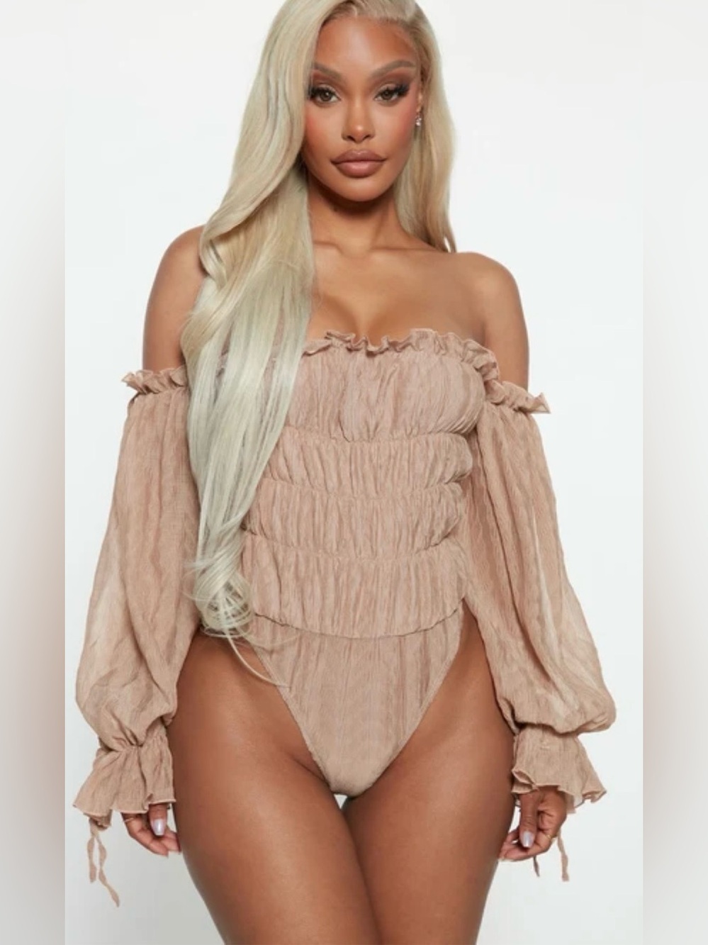 Fashion Nova Off-Shoulder Ruched Long Sleeve Bodysuit
